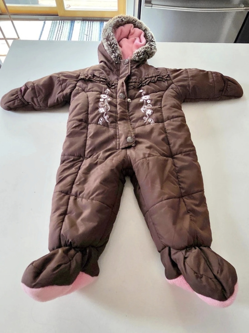 London Fog Footed Hooded Snowsuit Brown & Pink Baby 6M